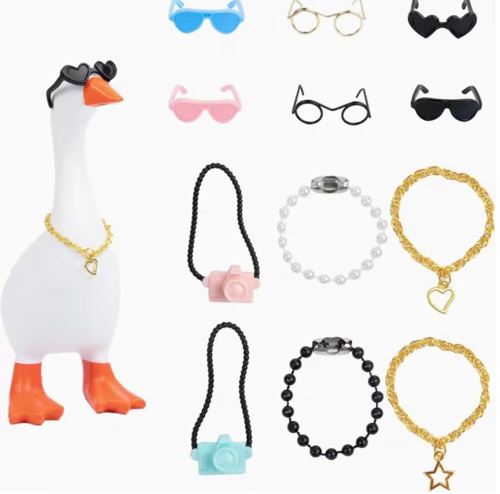 12pcs Desktop Goose Costume Set – Mini Chain Collars & Fashion Glasses